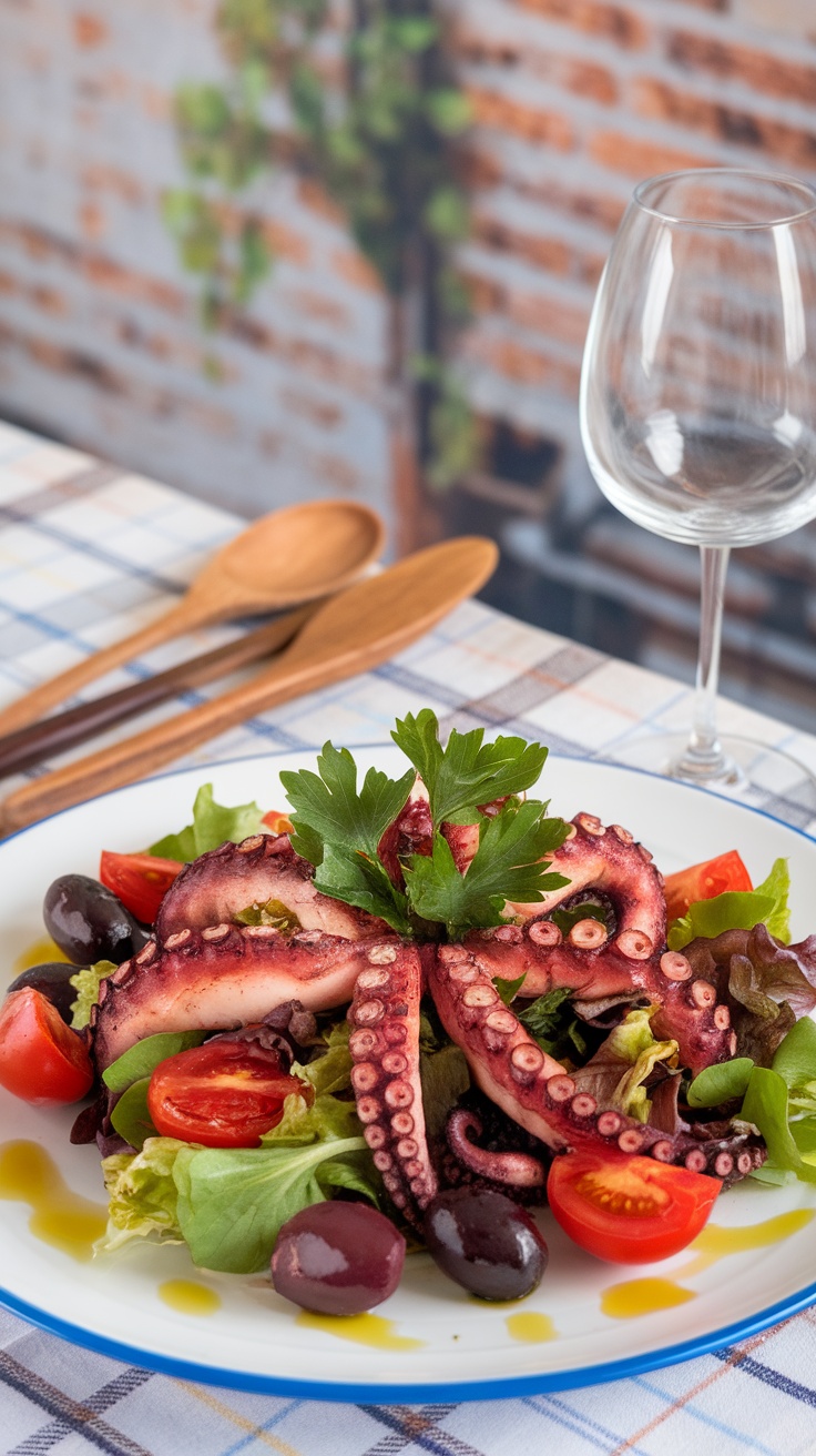 Mediterranean Grilled Octopus Salad with grilled octopus, fresh greens, cherry tomatoes, olives, on a rustic table.